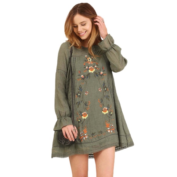 Umgee Women's Bohemian Embroidered Long Sleeve Dress  Olive Size Small - Picture 2 of 9